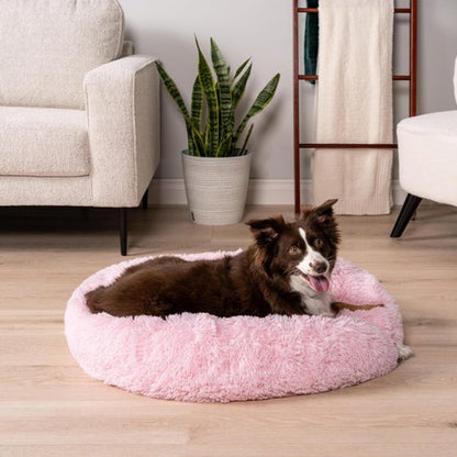berger australien langue sortie est couche dans Panier pour chien rose