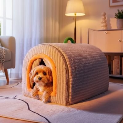 bichon beige dans Niche pour Chien interieur 