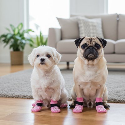 bichon blanc et frenchie portant Chaussette pour chien sont assis dans salon