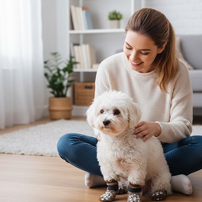 bichon blanc portant Chaussette pour chien se fait cajoler par jeune dame dans salon