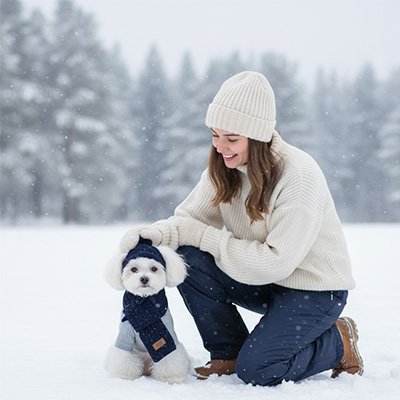 bichon blanc porte Bonnet pour chien​ dans neige