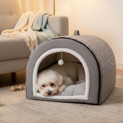 bichon dort dans Niche Chien interieur sur moquette