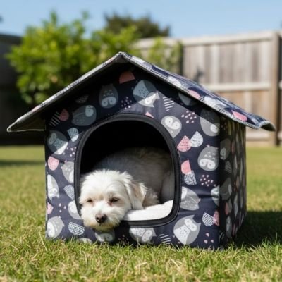 bichon dort dans Niche pour Chien extérieur 
