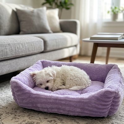bichon dort dans Panier Chien violet