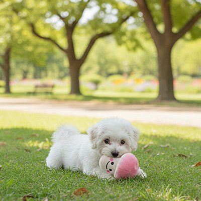 bichon joue avec Peluche pour chien dans parc