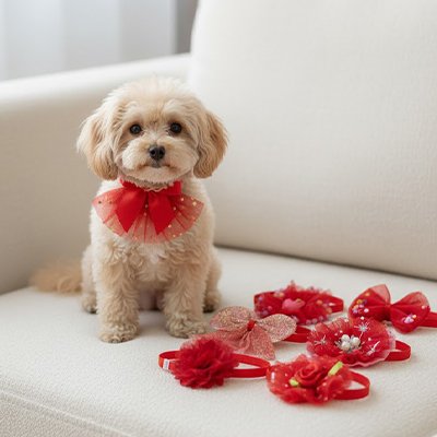 bichon maltais brun porte collier noeud papillon chien sur canapé