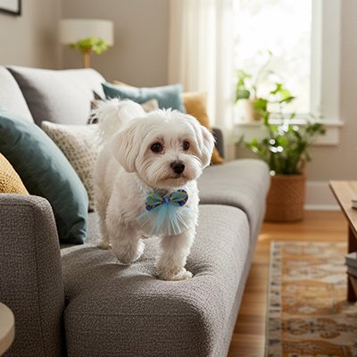 bichon maltais porte collier noeud papillon chien sur canapé