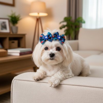 bichon maltais porte Noeud papillon pour chien couché sur canapé blanc