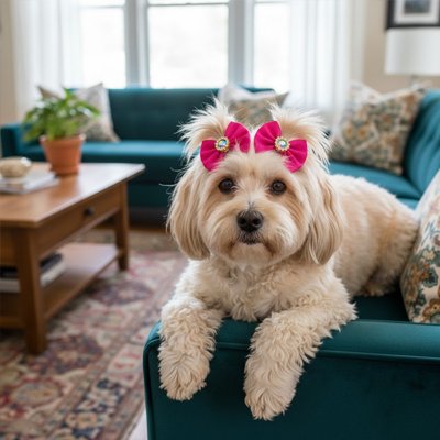 bichon maltais porte Noeud papillon pour chien couché sur canapé vert