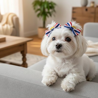 bichon maltais porte Noeud papillon pour chien sur canapé gris