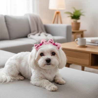 bichon maltais porte Noeud papillon pour chien sur canapé blanc