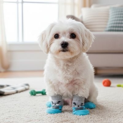 bichon portant Chaussette chien est assis sur moquette