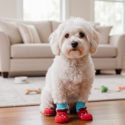 bichon portant Chaussette chien est assis sur sol en bois