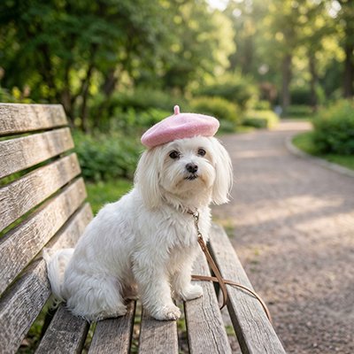 bichon porte chapeau Chien assis sur banc de parc