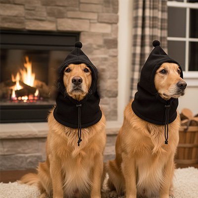 golden retriever portent Bonnet chien près de foyer
