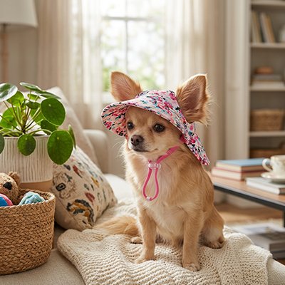 chihuahua porte bonnet pour chien assis sur couverture