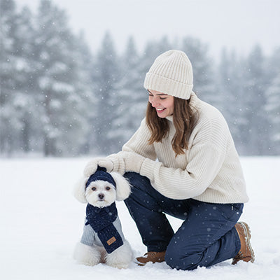 bichon blanc porte Bonnet pour chien​ dans neige