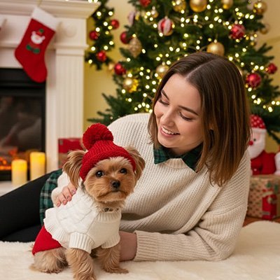 yorkie porte Bonnet pour chien​ rouge avec dame
