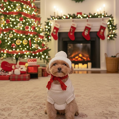 yorkie porte Bonnet pour chien​ blanc assis sur sol