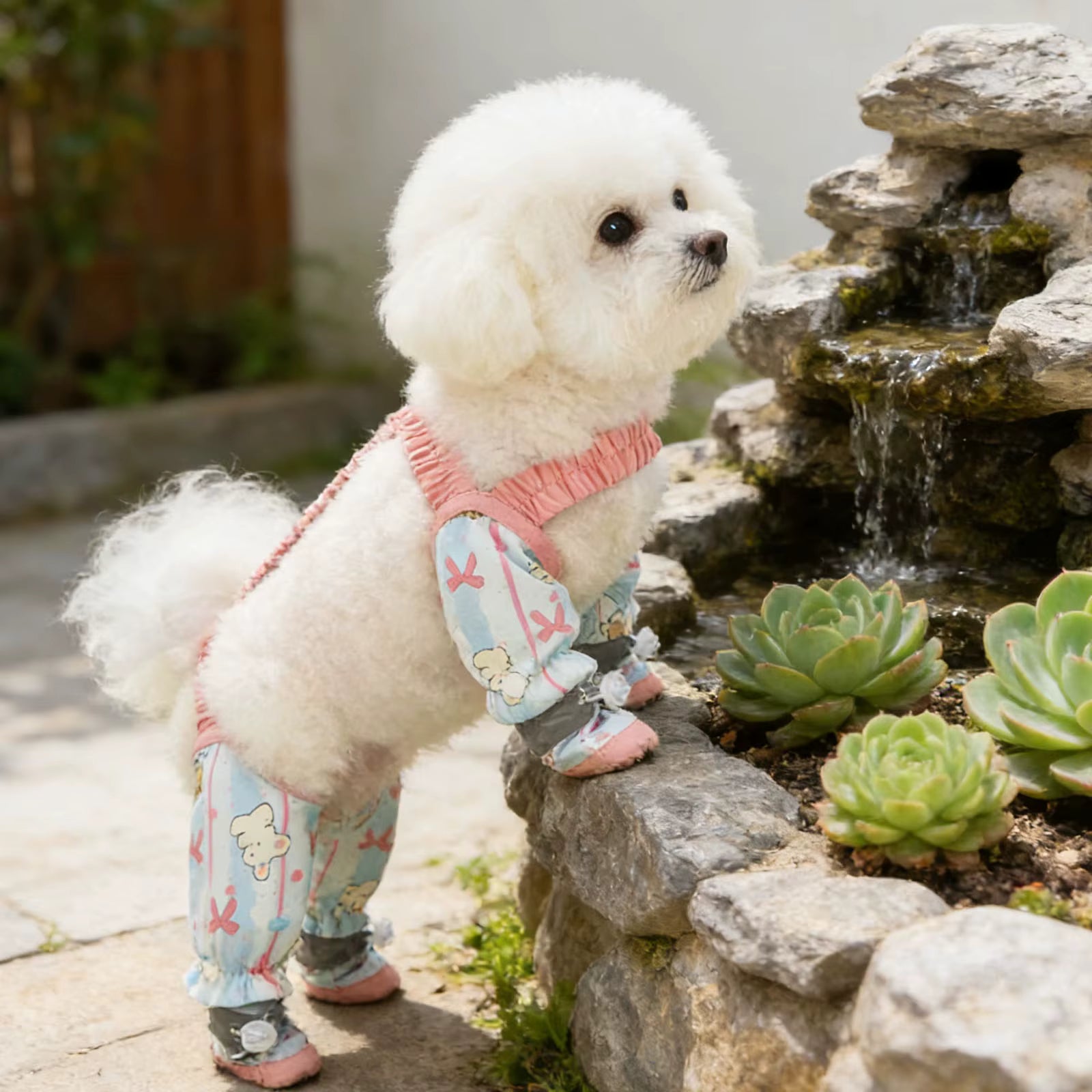 caniche blanc portant bottes chien roses appuyé sur fontaine