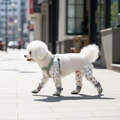 caniche blanc portant Bottes Chien marche dans centre ville