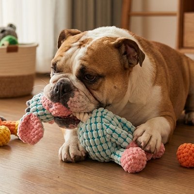 bouledogue en train de mastiquer Peluche Chien sur sol de bois