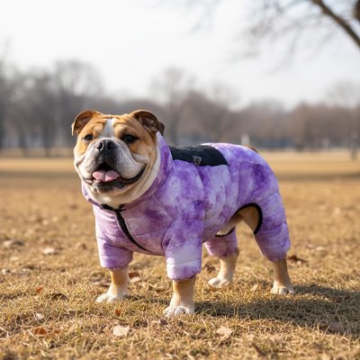 bouledogue portant Manteau chien marche dans parc en automne