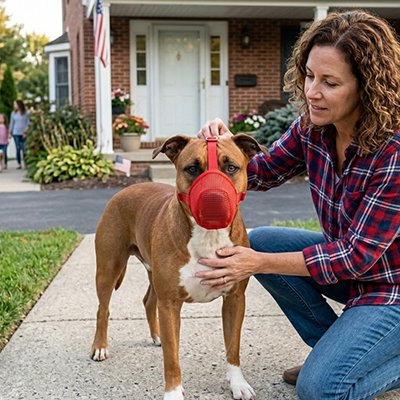 boxer portant Muselière pour chien est assis sur sentier de pierres est sur trottoir avec dame