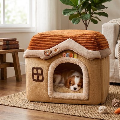 cacalier king charles couché dans Niche Chien marron