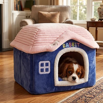 cacalier king charles couché dans Niche Chien 
