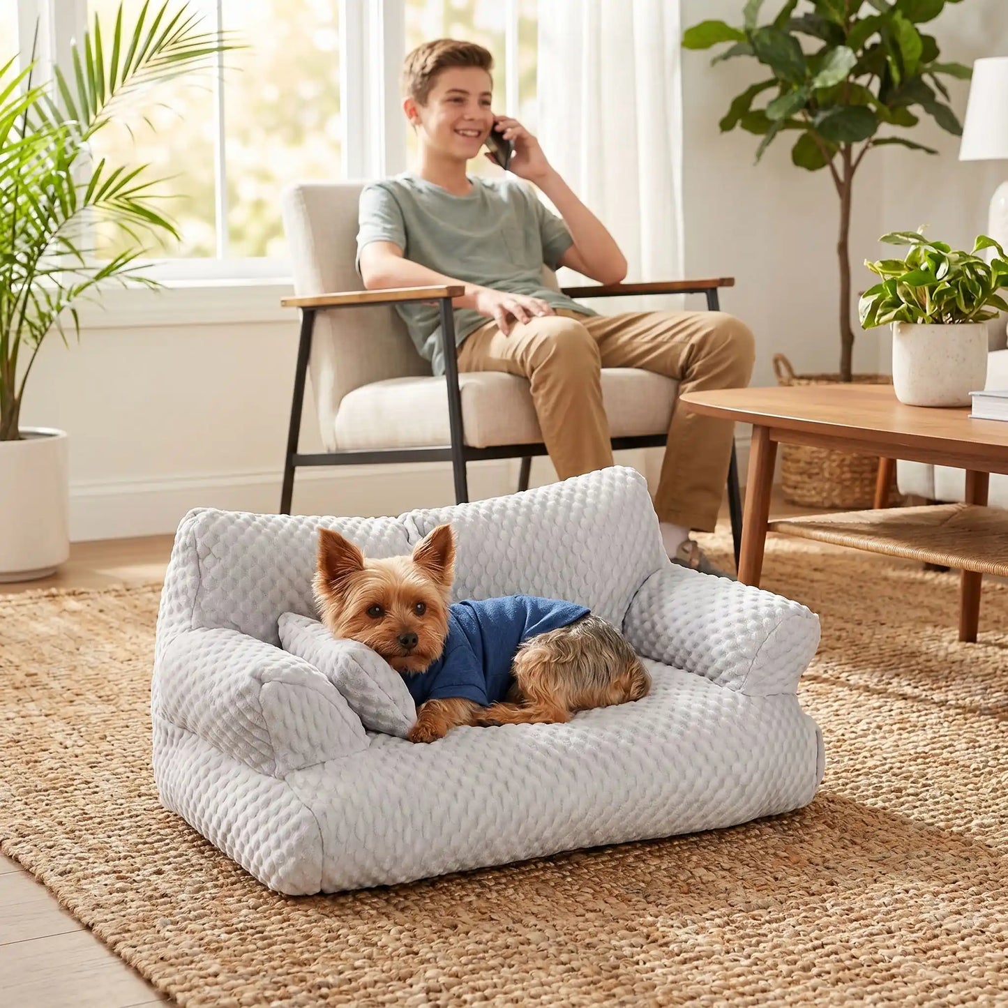 yorkie est couché sur canapé chien pendant que jeune homme parle au téléphone