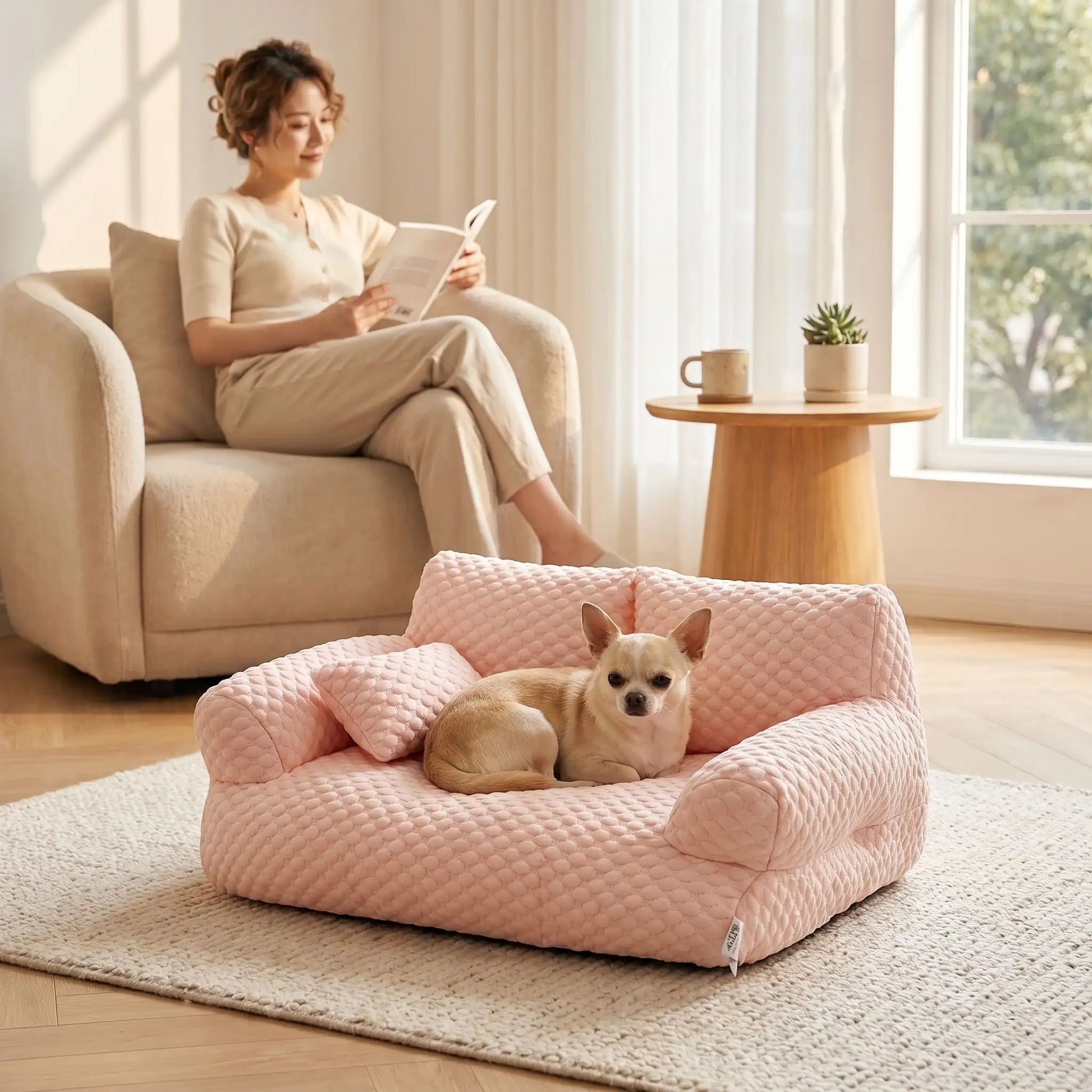 chihuahua est couché sur canapé chien pendant que dame lit sur divan