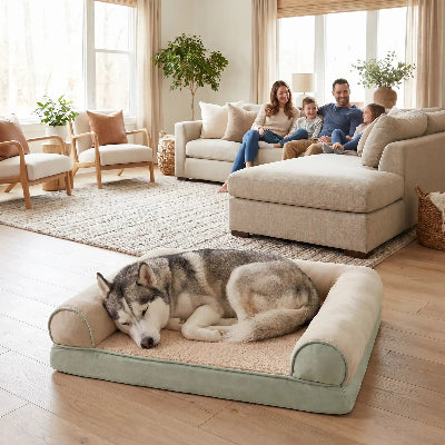 husky dort sur canapé pour chien avec famille sur divan