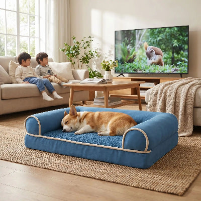 corgi dort sur canapé pour chien bleu sur moquette