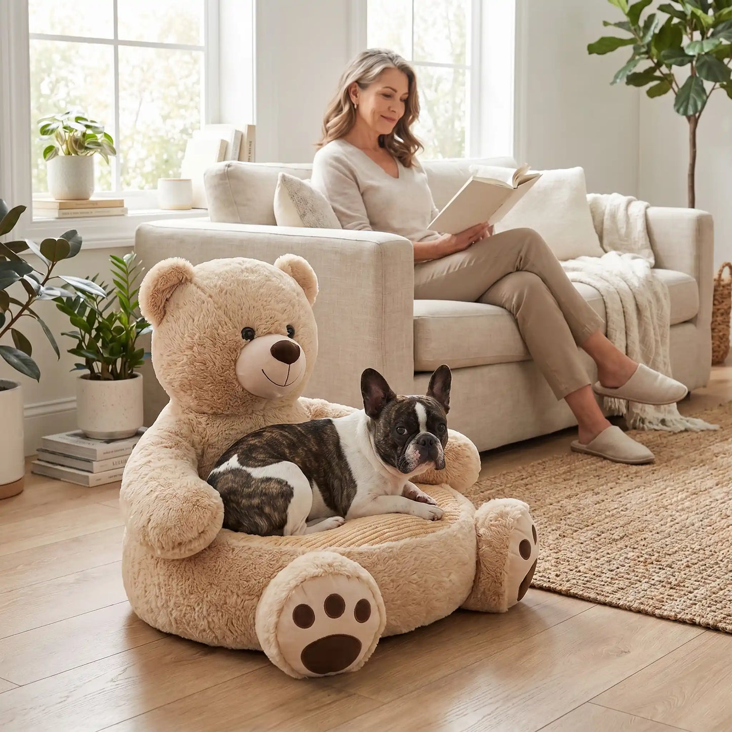 terrier boston couché sur canapé pour chien en forme de ourson beige avec dame qui lit sur fauteuil