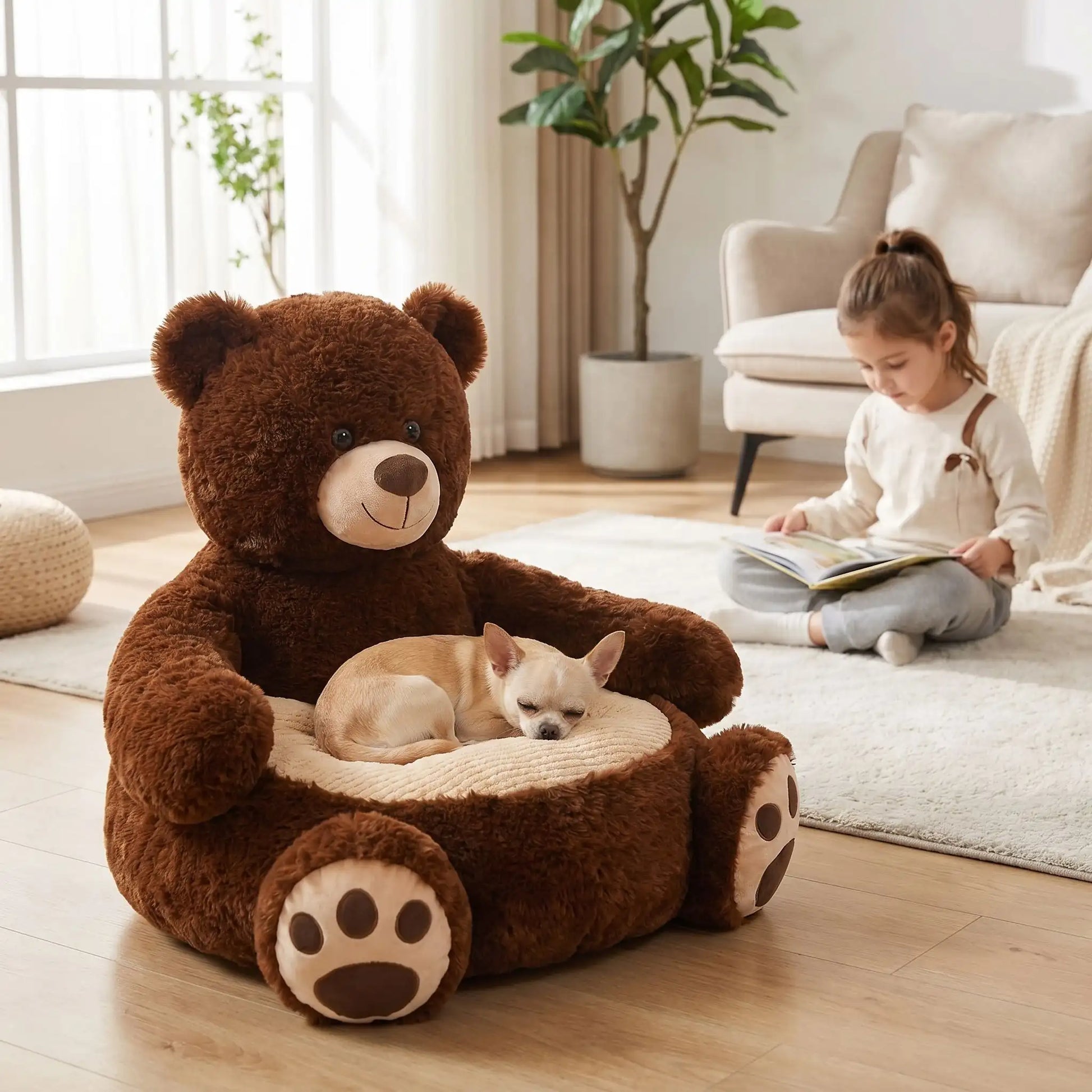 chihuahua couché sur canapé pour chien en forme de ourson brun avec fillette qui lit sur moqeutte