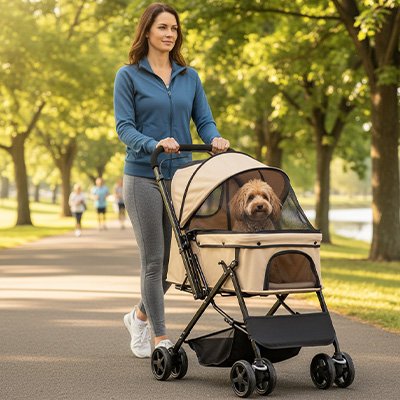 caniche beige dans Poussette pour Chien beige poussée par jeune femme