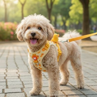 caniche beige portant Harnais chiot jaune est debout sur pave