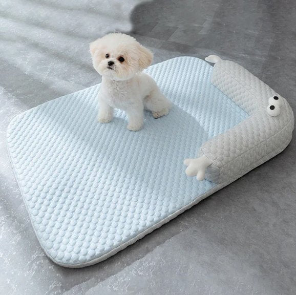 caniche blanc assis sur Tapis rafraichissant chien