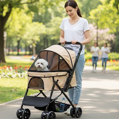 caniche blanc dans Poussette pour Chien beige poussée par jeune femme