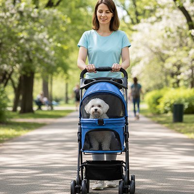 caniche blanc dans Poussette pour Chien bleue poussée par jeune femme