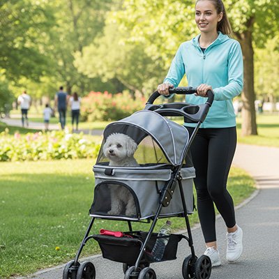 caniche blanc dans Poussette pour Chien grise poussée par jeune femme