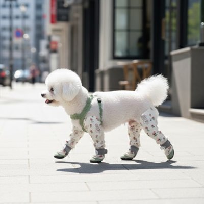 caniche blanc portant Bottes Chien marche dans centre ville