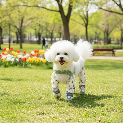 caniche blanc portant Bottes Chien marche dans parc