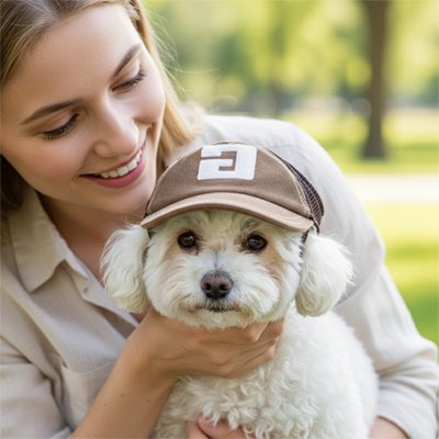caniche blanc portant Casquette chien​ est dans bras de dame
