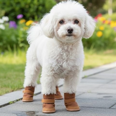 caniche blanc portant Chaussure pour Chien marche sur sentier de parc