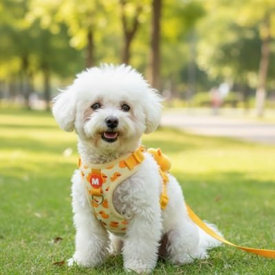 caniche blanc portant Harnais chiot jaune est assis sur pelouse