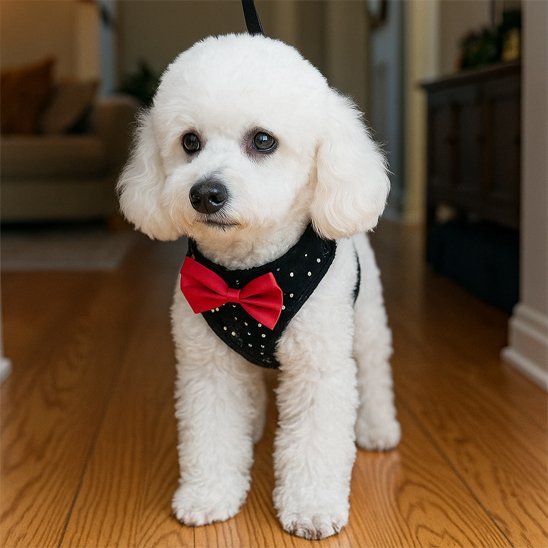 caniche blanc portant Harnais petit chien noir debout sur plancher bois