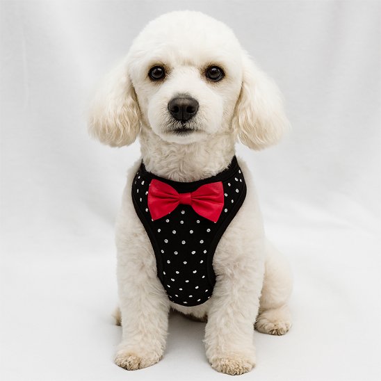 caniche blanc portant Harnais petit chien noir est assis sur sol blanc