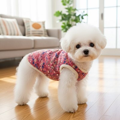 caniche blanc portant Manteau Chien est sur plancher de bois de salon